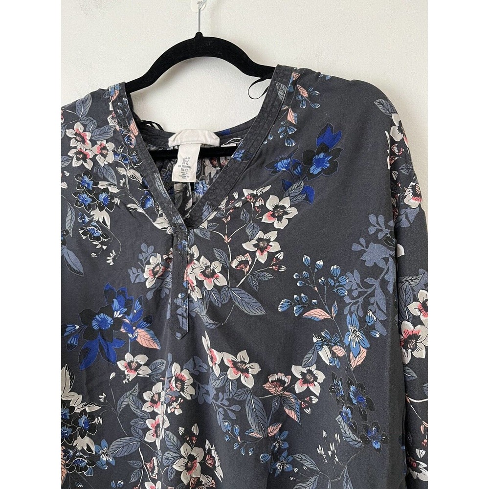 H&M Blue Floral Long Sleeve Popover High Low Blouse Women’s Size 12 - Picture 3 of 7